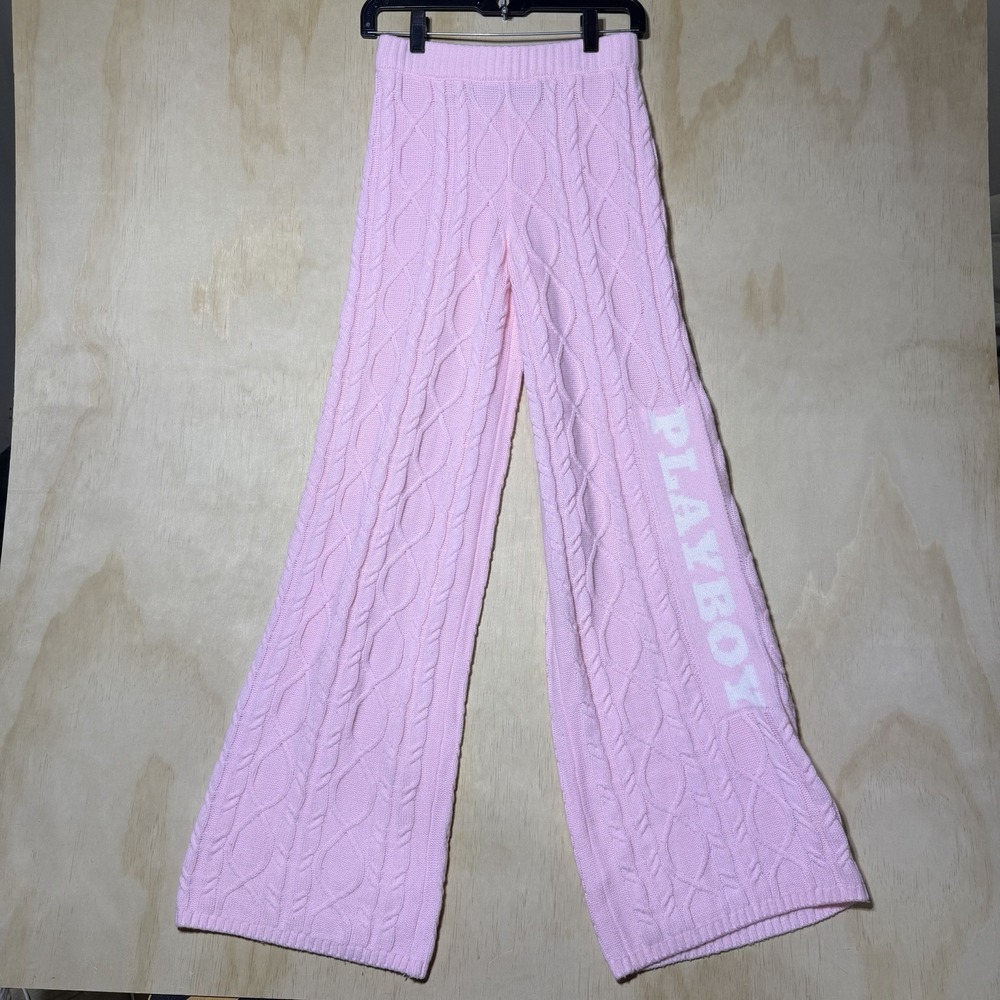 Playboy x Missguided Cable Knit Flare Pants Pink Y2K Wide Leg Womens US 2